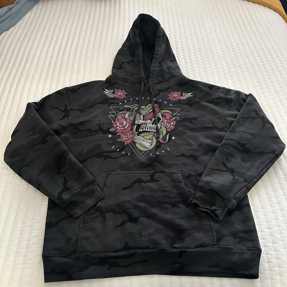 Affliction Black Label Toxic Earth Hooded Sweater L Large Camo Rhinestone Skull